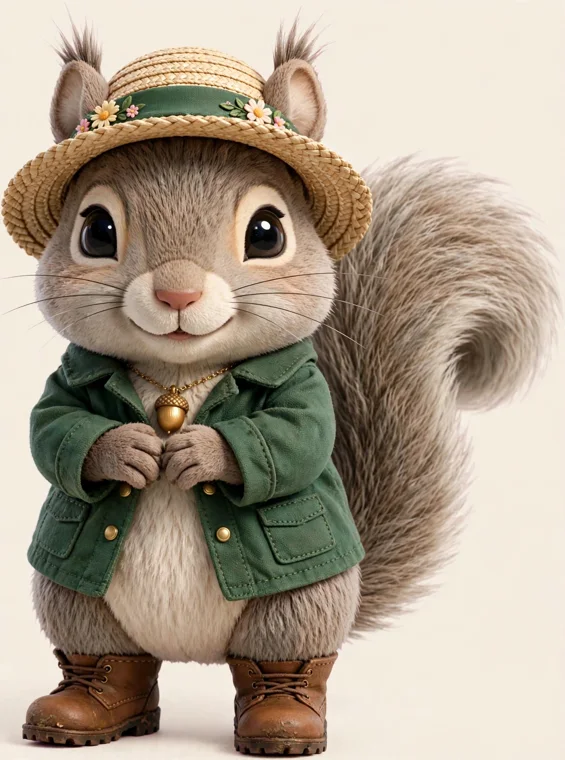 Chloe the squirrel wearing her gardener's hat, jacket, boots and golden acorn